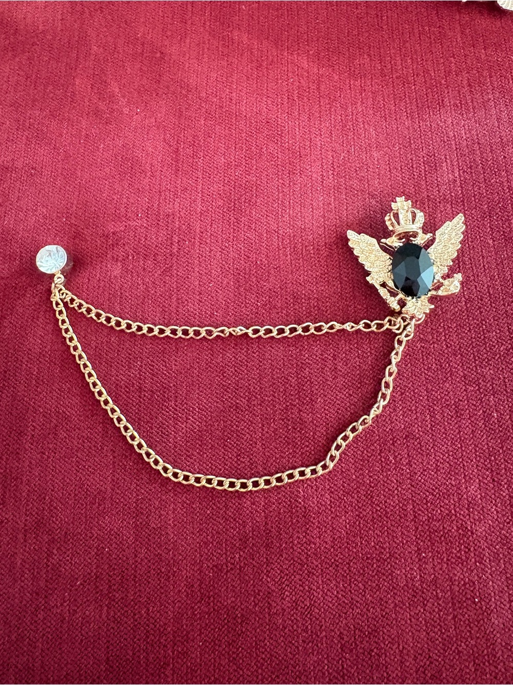 Never Used Men's Crown Eagle Lapel Pin Brooch Gold Tone Chain Rhinestone Collar